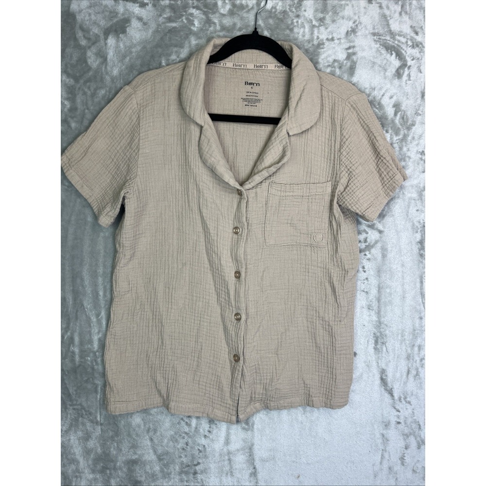Born Womens Small Tan Double Gauze Cotton Short Sleeve Button Down Shirt Top